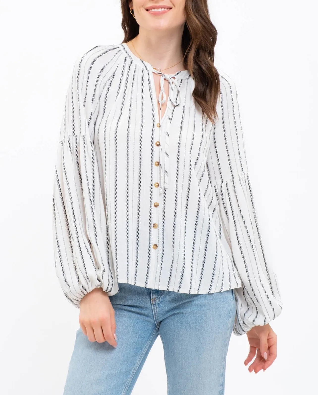 Long Sleeve Striped Peasant Top in Ivory