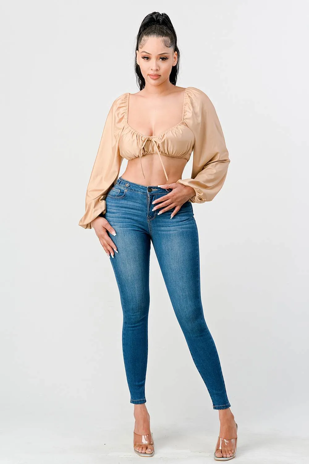 LUX COATING RUCHED SQUARE NECK CROP TOP