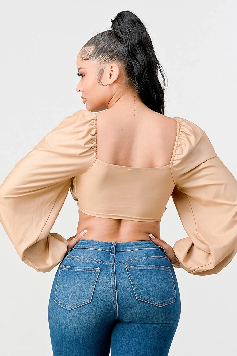 LUX COATING RUCHED SQUARE NECK CROP TOP