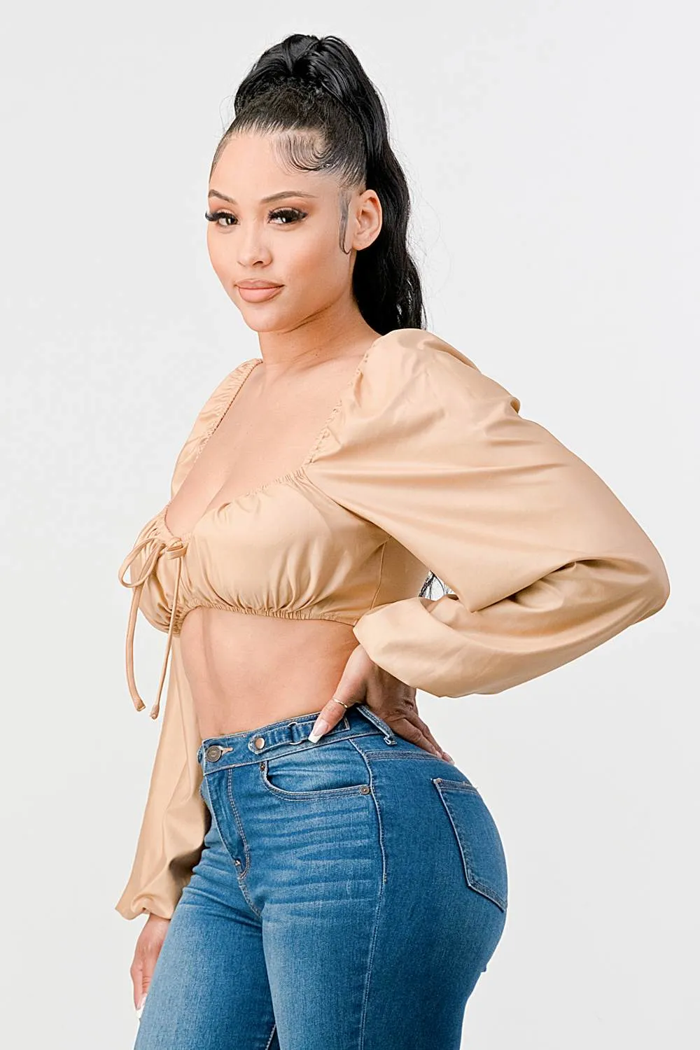 LUX COATING RUCHED SQUARE NECK CROP TOP