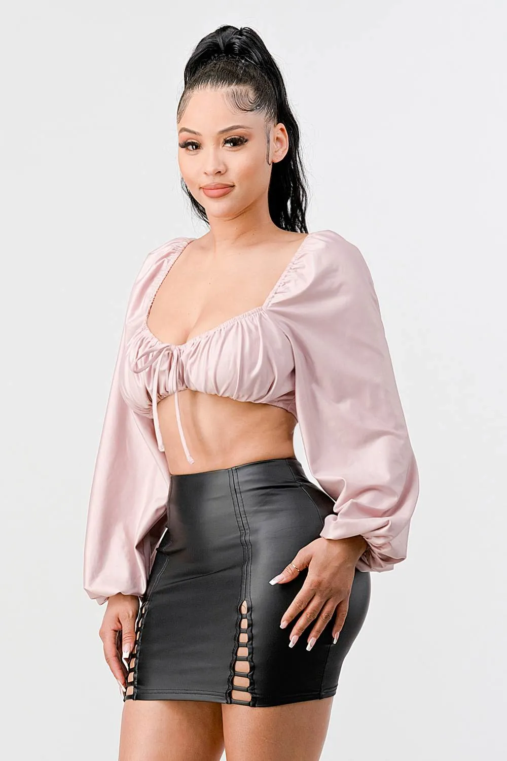 LUX COATING RUCHED SQUARE NECK CROP TOP
