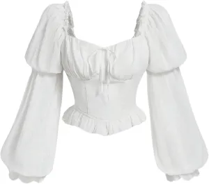 MakeMeChic Women's Renaissance Peasant Corset Tops Puff Long Sleeve Ruched Bust Ruffled Peplum Sweetheart Blouse