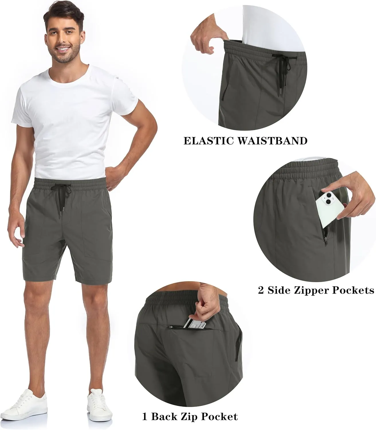 Men's Athletic Running Shorts Quick Dry Workout Shorts 8" Lightweight Sports Gym Shorts with Zipper Pockets