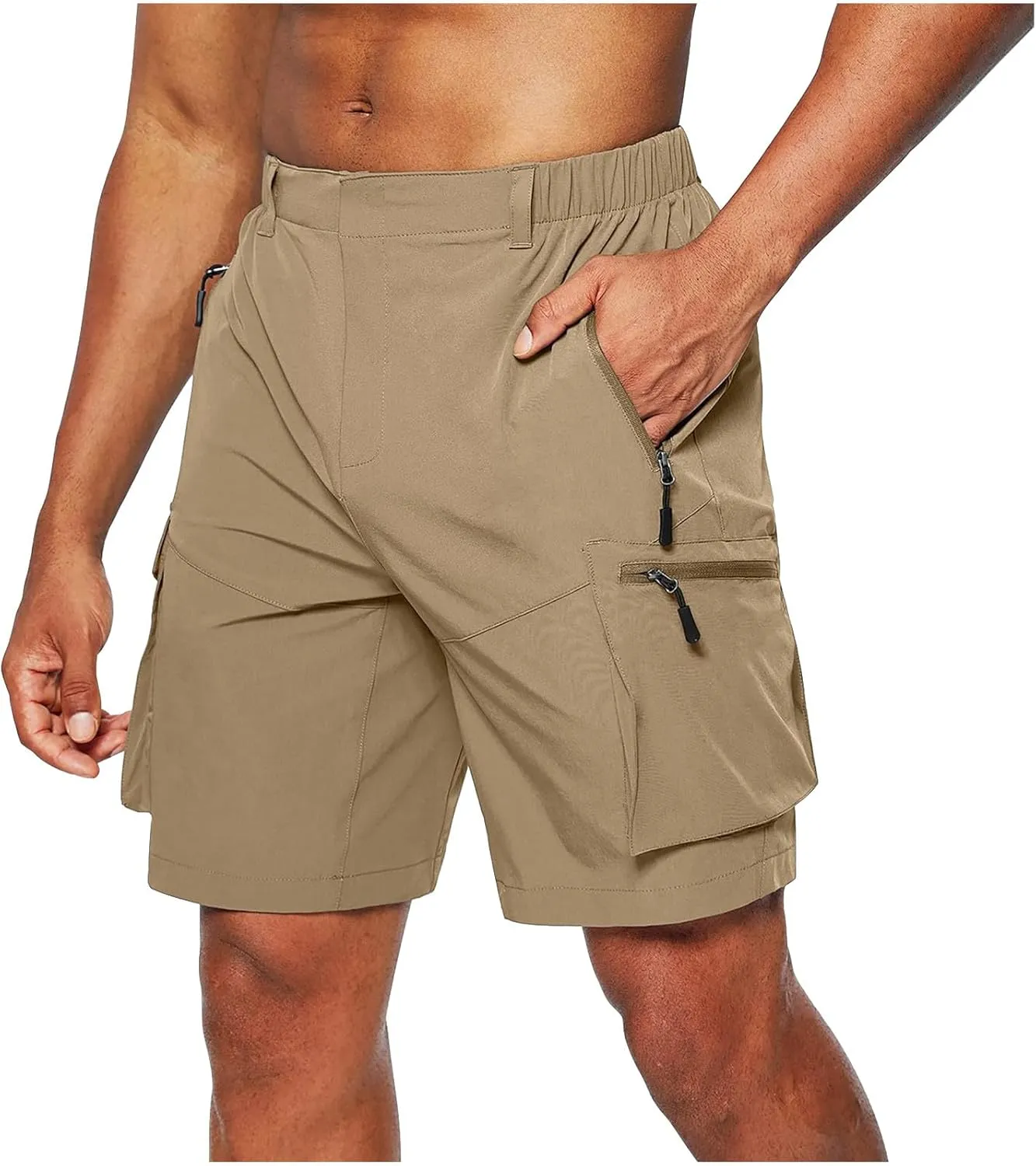 Mens Outdoor Utility Shorts Multi Pocket Lightweight Bermudas Cargo Shorts with Zipper Detail and Elastic Waistband