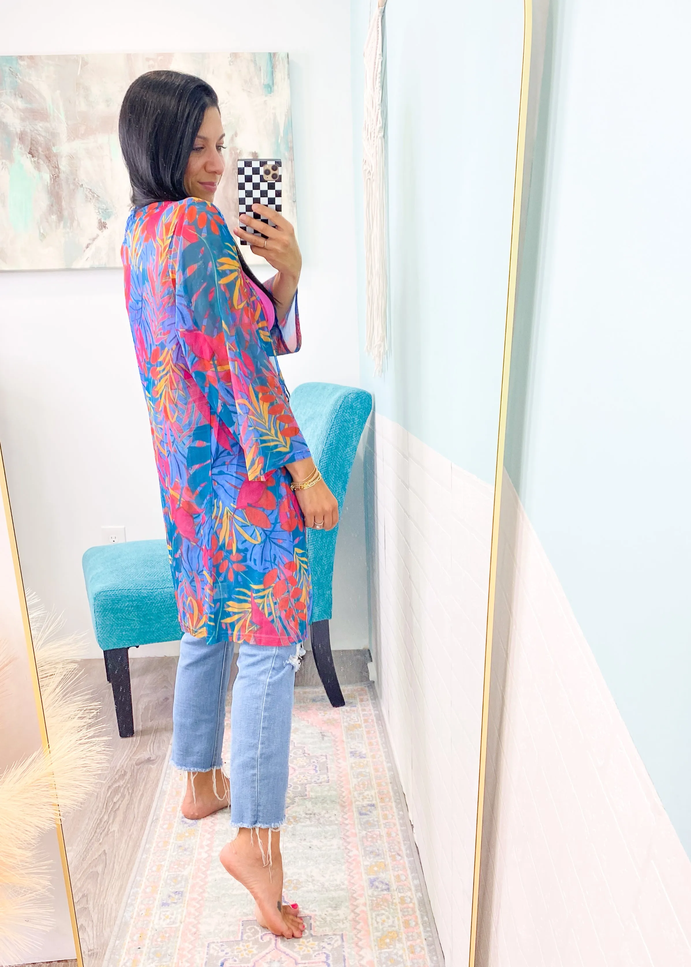 'Paradise Awaits' Turquoise Tropical Print Kimono