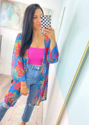 'Paradise Awaits' Turquoise Tropical Print Kimono