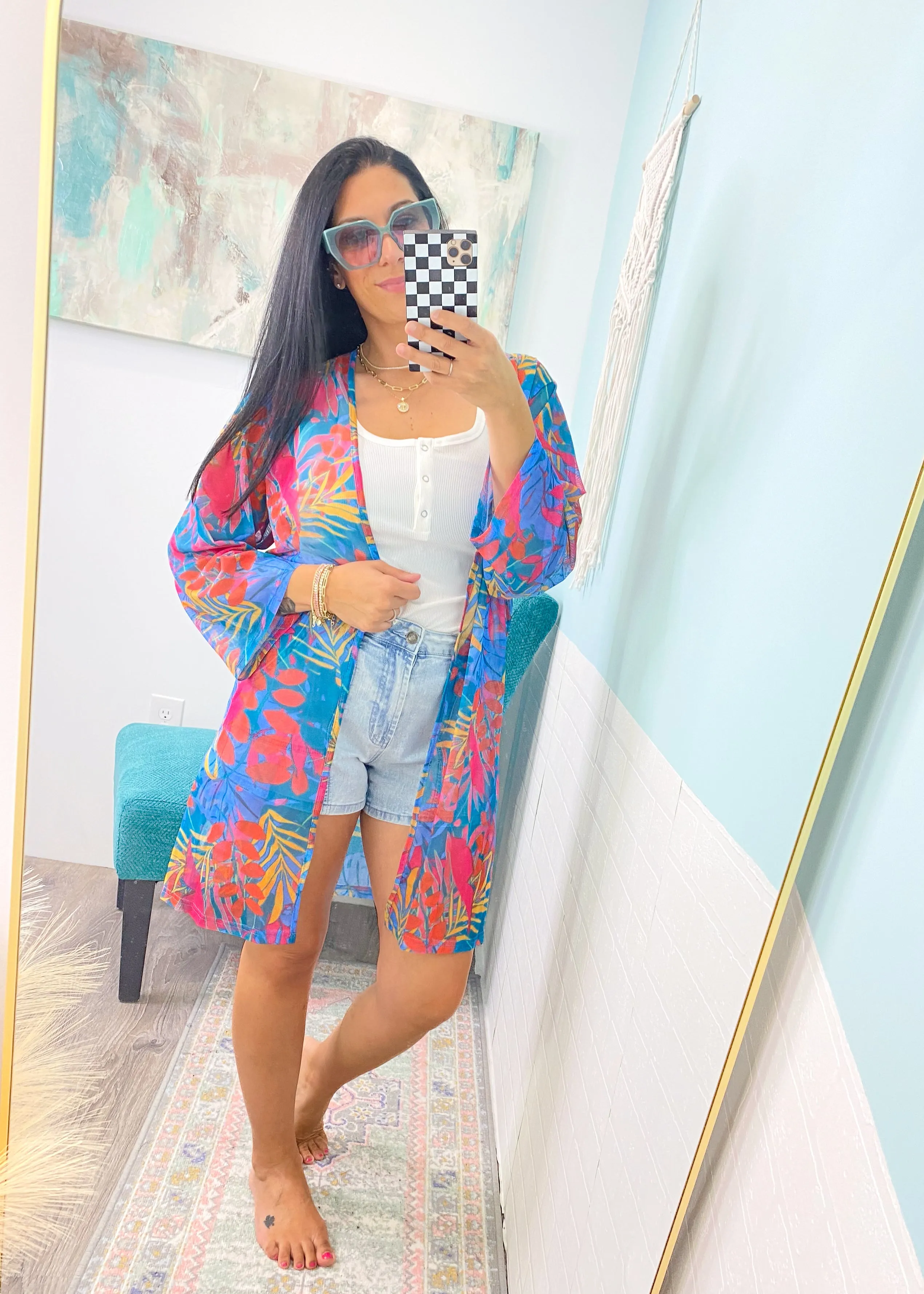 'Paradise Awaits' Turquoise Tropical Print Kimono