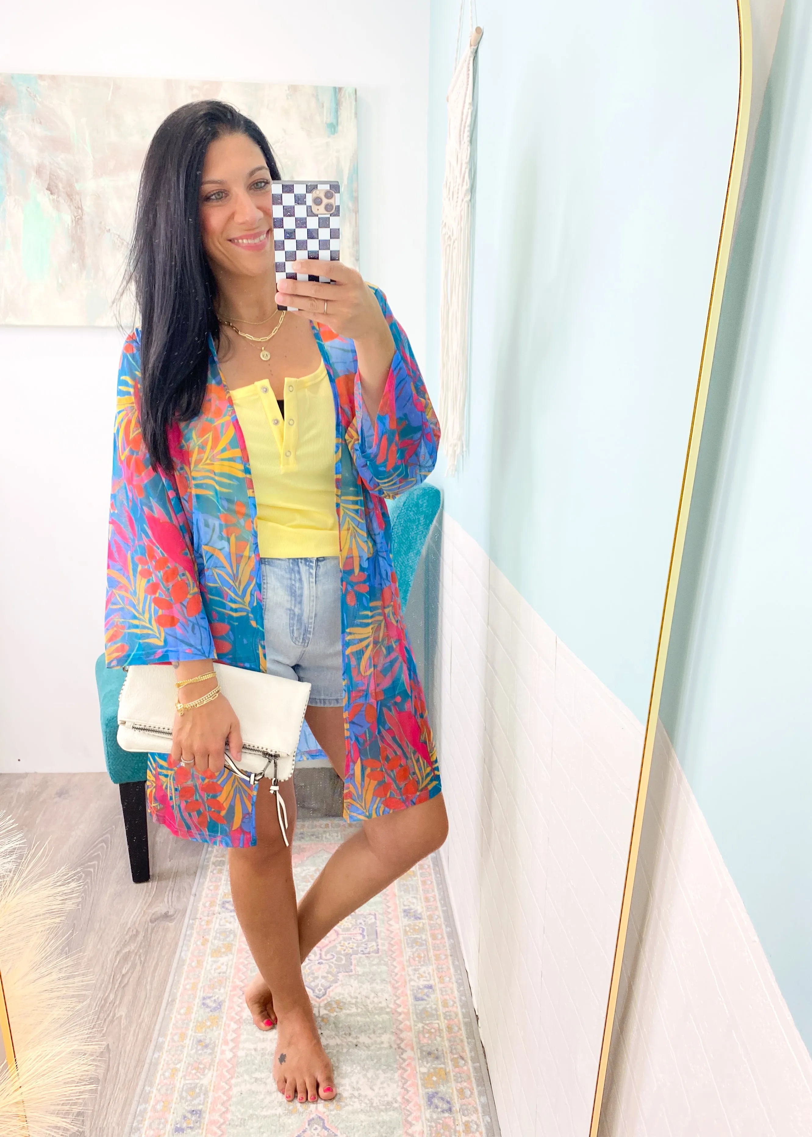'Paradise Awaits' Turquoise Tropical Print Kimono