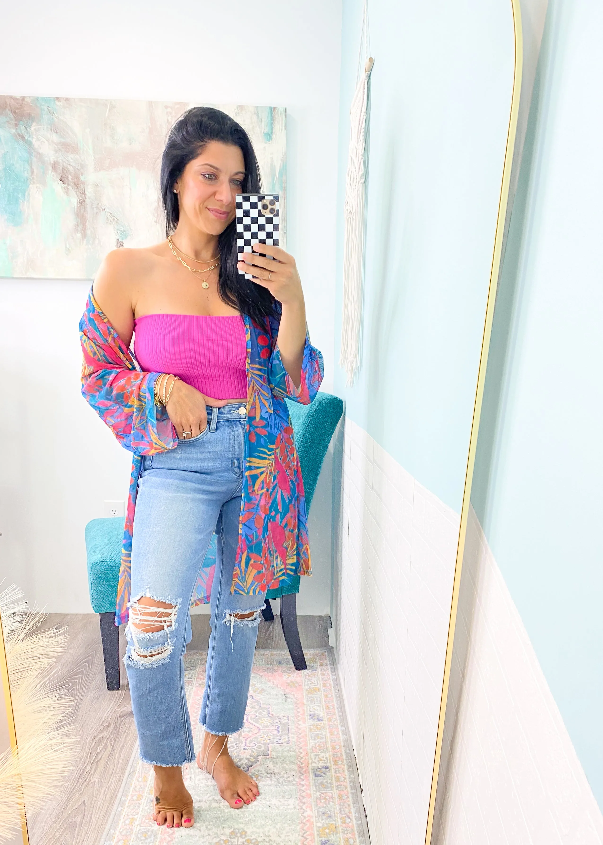 'Paradise Awaits' Turquoise Tropical Print Kimono