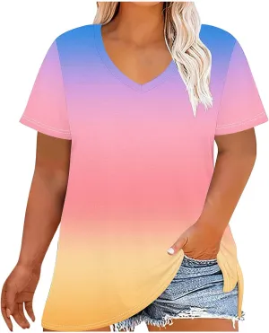 Plus Size Tops for Women Oversized Summer Basic V Neck Short Sleeve Henley Shirt 2025 Casual Gradient Tunic Blouse