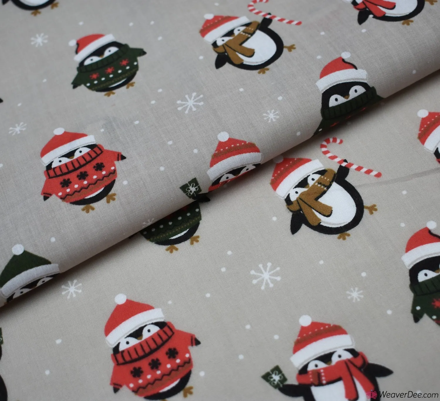 Polycotton Fabric - Christmas Penguin Club - Beige
