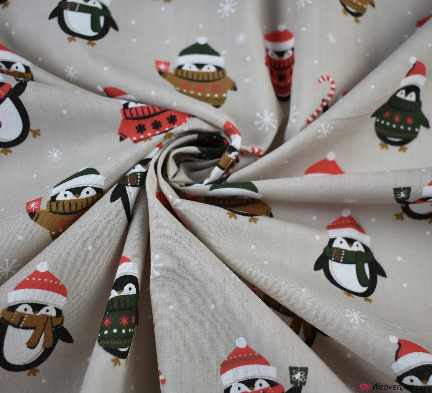 Polycotton Fabric - Christmas Penguin Club - Beige