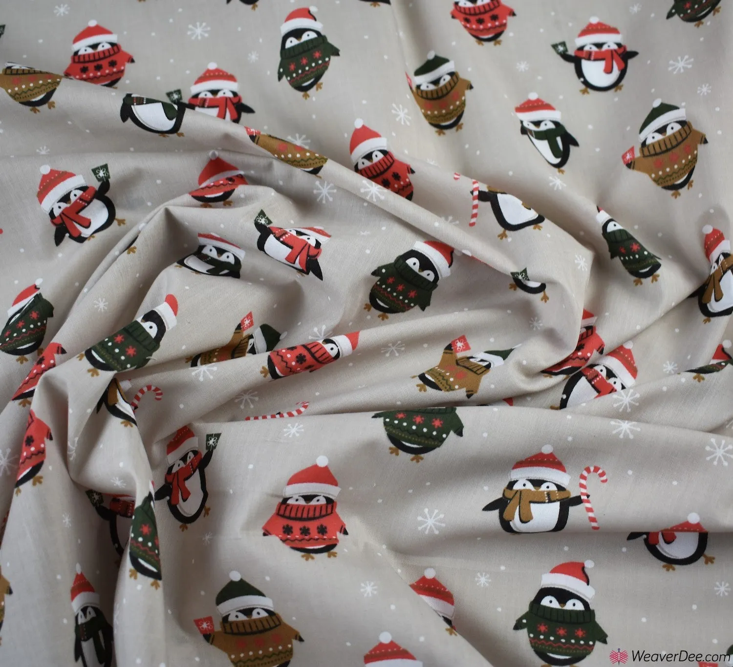 Polycotton Fabric - Christmas Penguin Club - Beige