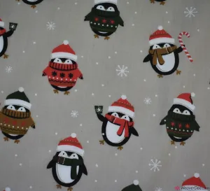 Polycotton Fabric - Christmas Penguin Club - Beige