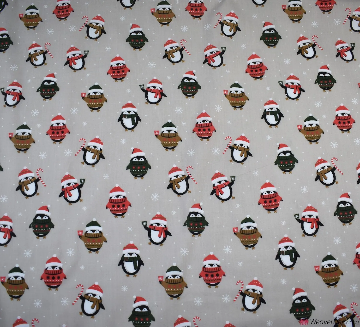 Polycotton Fabric - Christmas Penguin Club - Beige