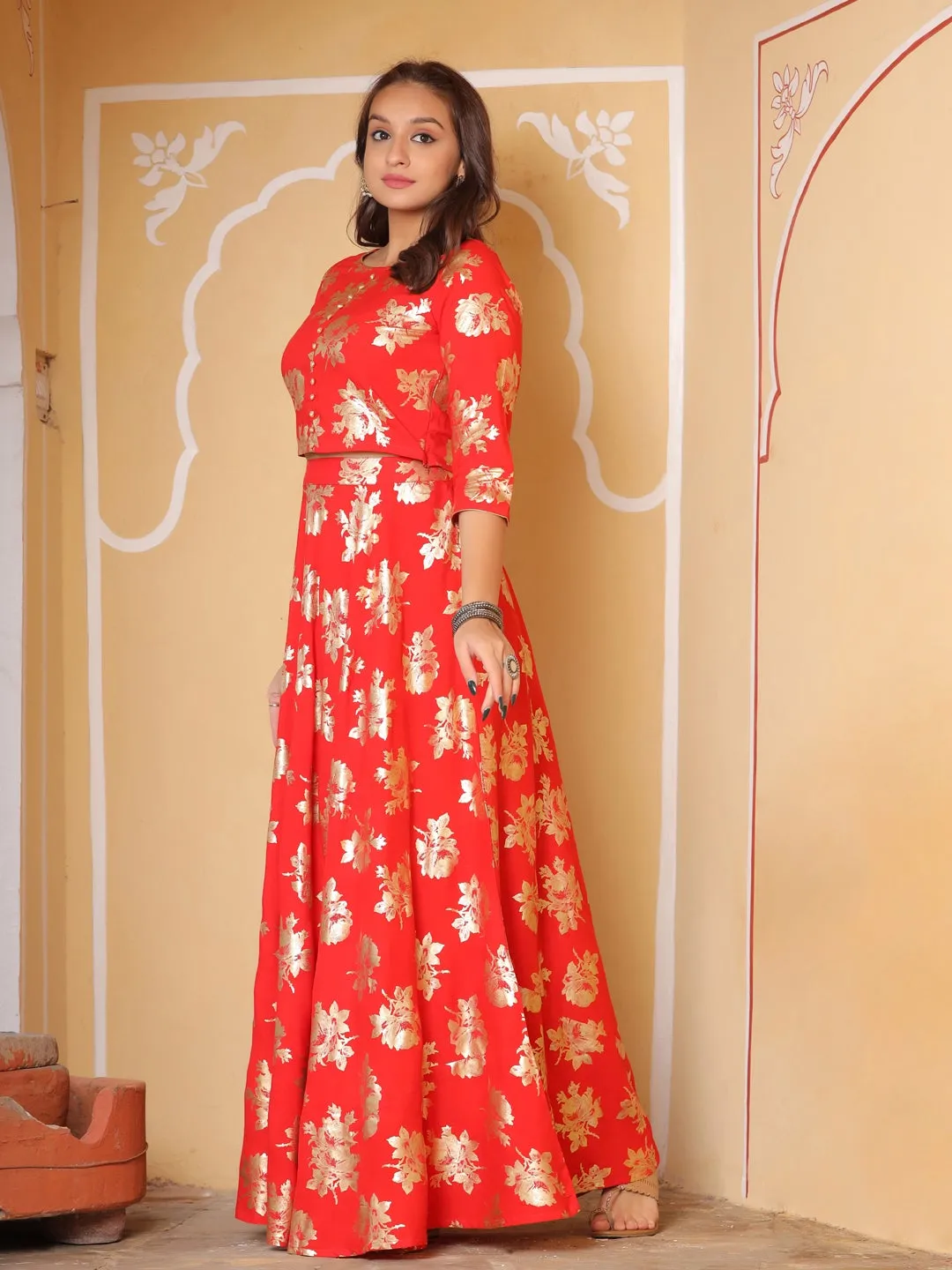 Red Foil Print Rayon Crop Top With Skirt