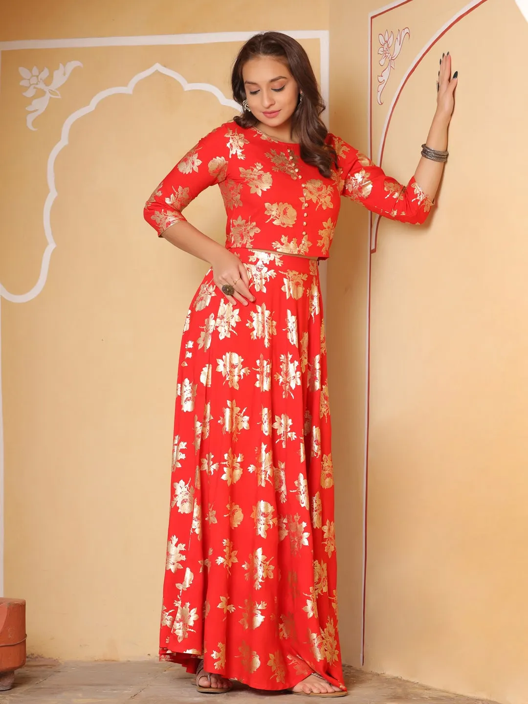 Red Foil Print Rayon Crop Top With Skirt