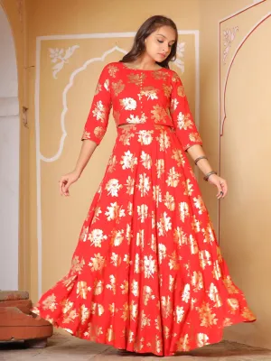 Red Foil Print Rayon Crop Top With Skirt