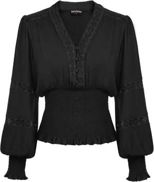 Scarlet Darkness Women's Renaissance Peasant Blouse V Neck Lantern Sleeve Lace Smocked Tops