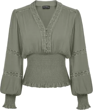 Scarlet Darkness Women's Renaissance Peasant Blouse V Neck Lantern Sleeve Lace Smocked Tops