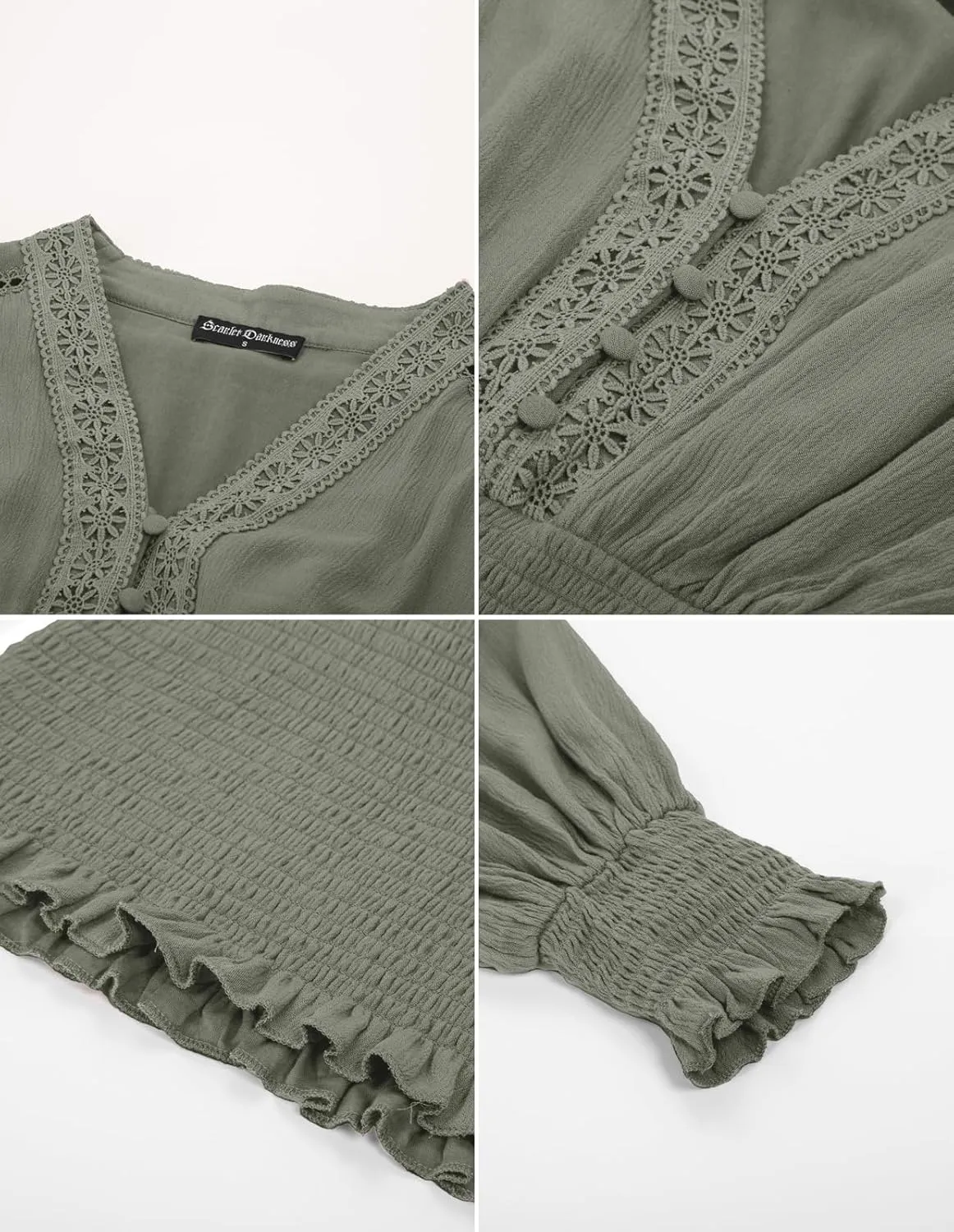 Scarlet Darkness Women's Renaissance Peasant Blouse V Neck Lantern Sleeve Lace Smocked Tops