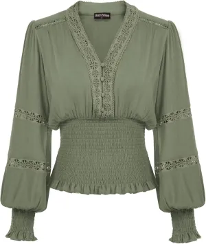 Scarlet Darkness Women's Renaissance Peasant Blouse V Neck Lantern Sleeve Lace Smocked Tops