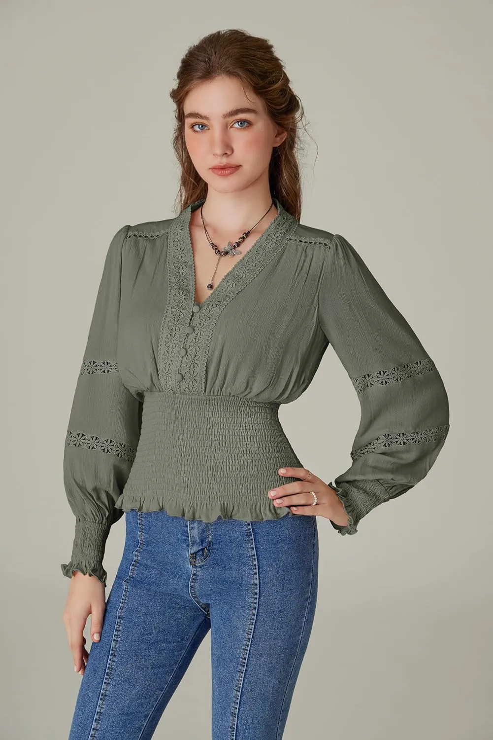 Scarlet Darkness Women's Renaissance Peasant Blouse V Neck Lantern Sleeve Lace Smocked Tops