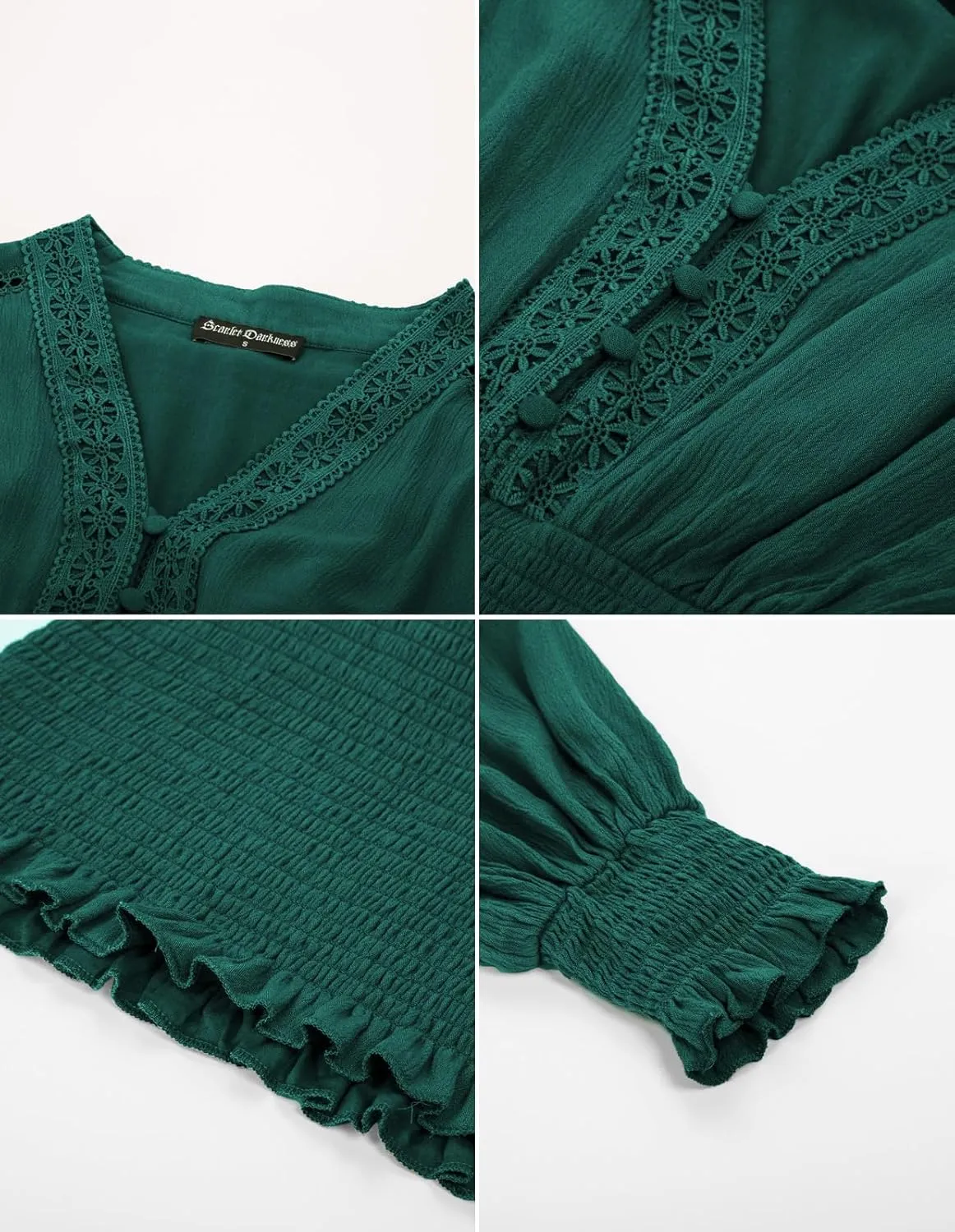 Scarlet Darkness Women's Renaissance Peasant Blouse V Neck Lantern Sleeve Lace Smocked Tops