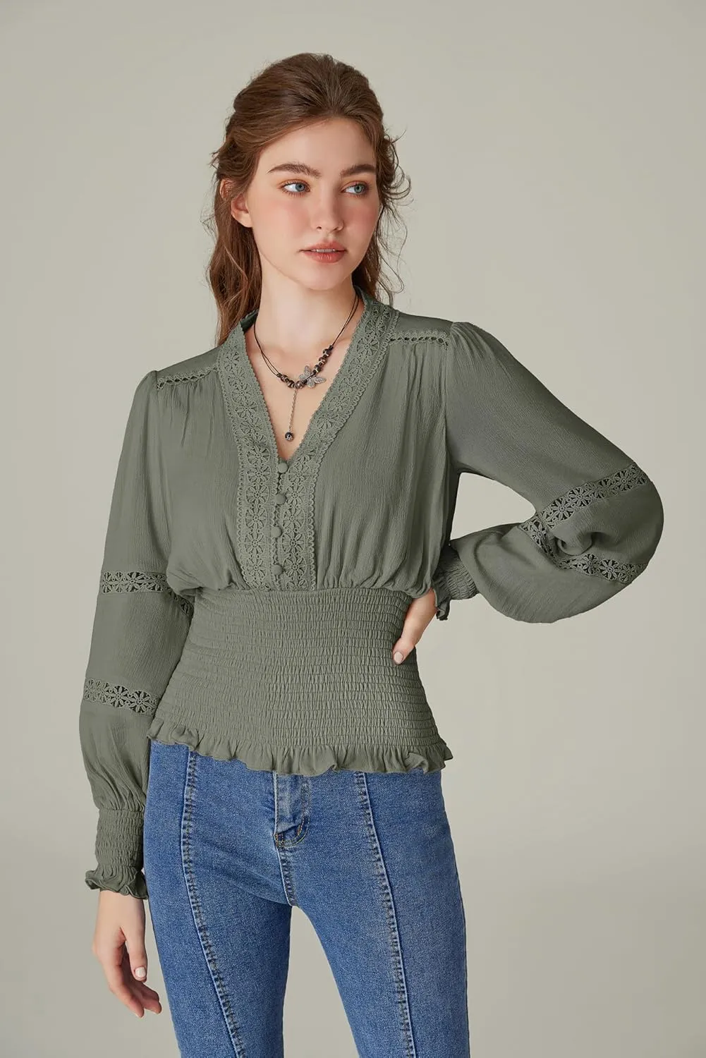 Scarlet Darkness Women's Renaissance Peasant Blouse V Neck Lantern Sleeve Lace Smocked Tops