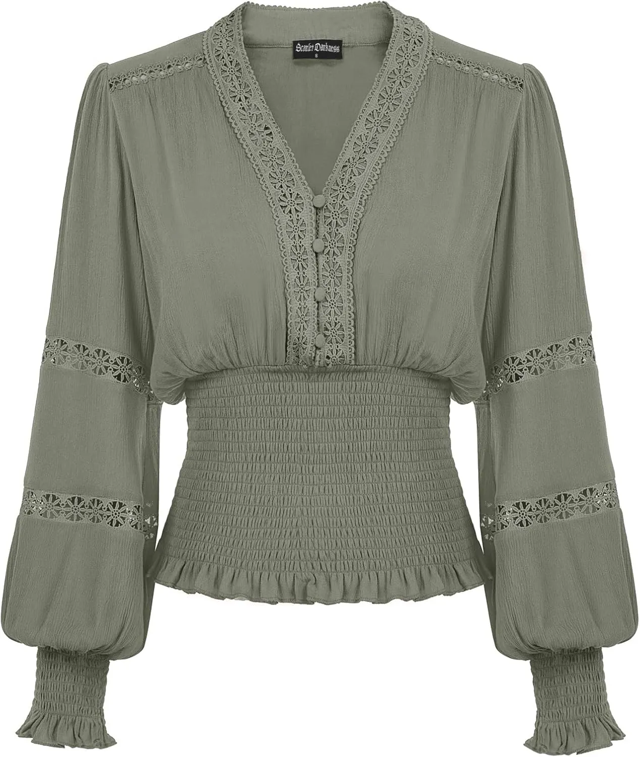 Scarlet Darkness Women's Renaissance Peasant Blouse V Neck Lantern Sleeve Lace Smocked Tops