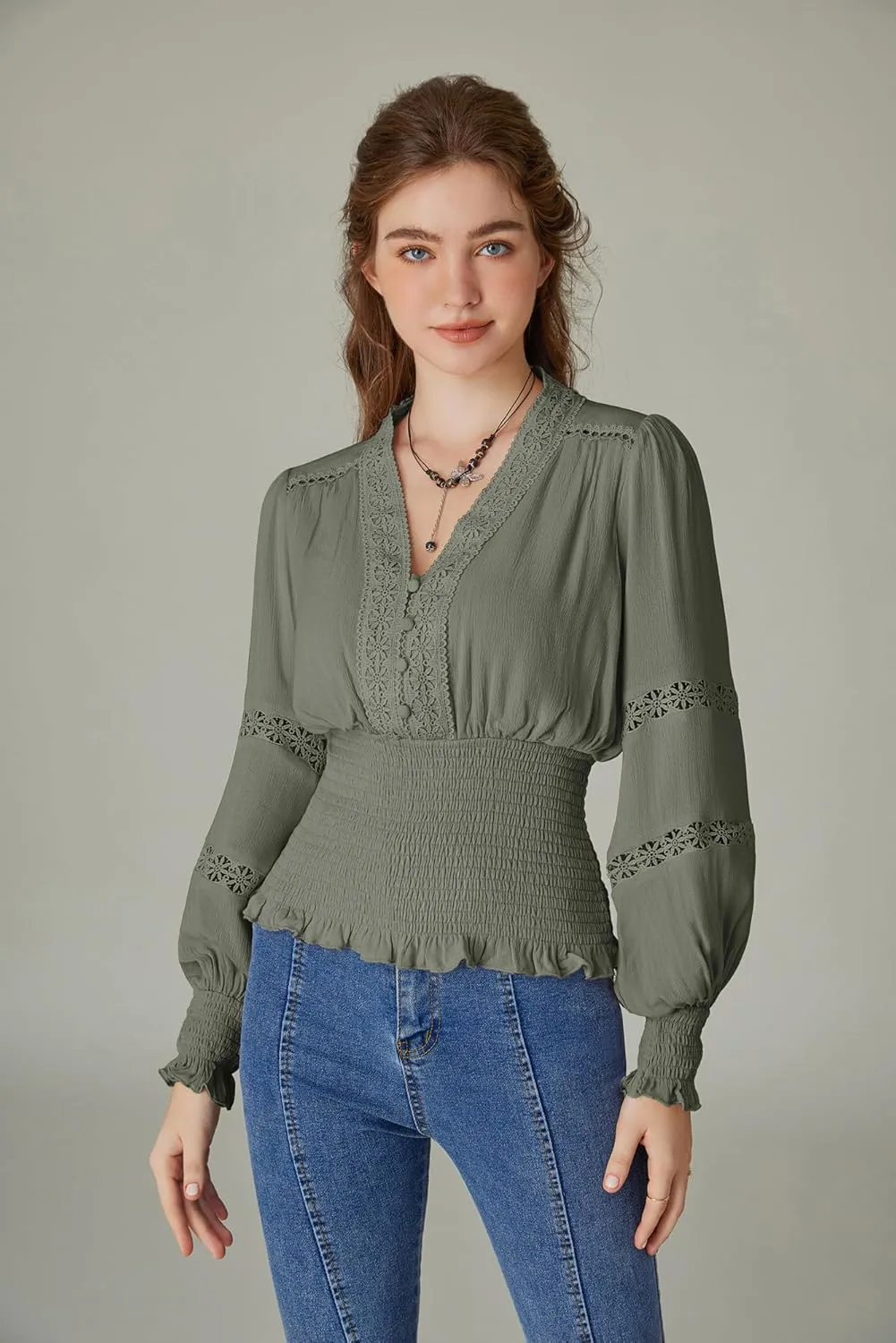 Scarlet Darkness Women's Renaissance Peasant Blouse V Neck Lantern Sleeve Lace Smocked Tops