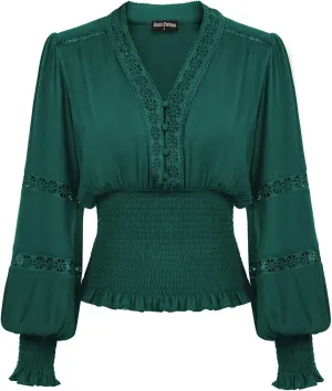 Scarlet Darkness Women's Renaissance Peasant Blouse V Neck Lantern Sleeve Lace Smocked Tops