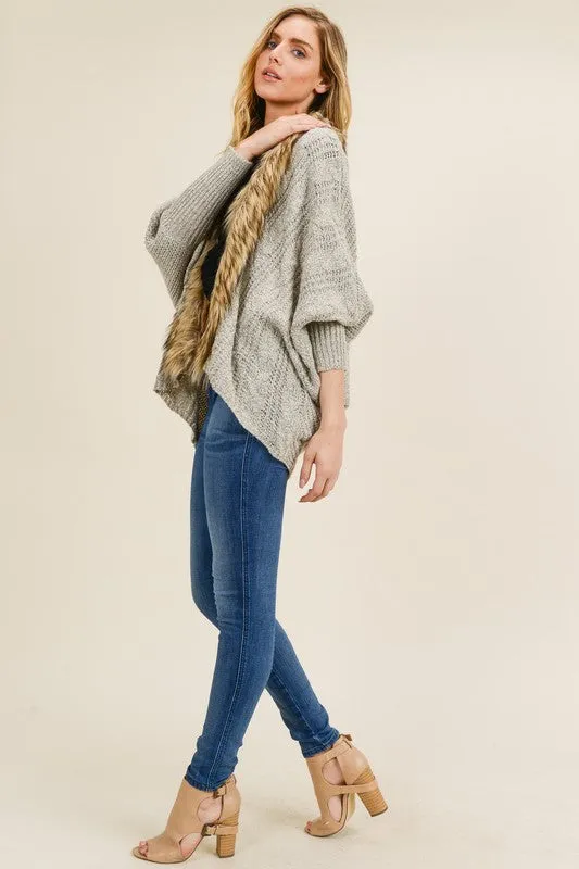 Taupe kimono cardigan with fur detail in S-L