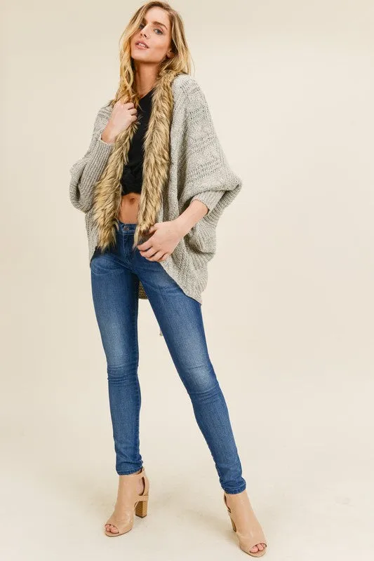 Taupe kimono cardigan with fur detail in S-L