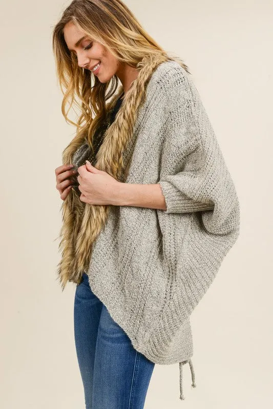 Taupe kimono cardigan with fur detail in S-L