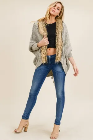 Taupe kimono cardigan with fur detail in S-L