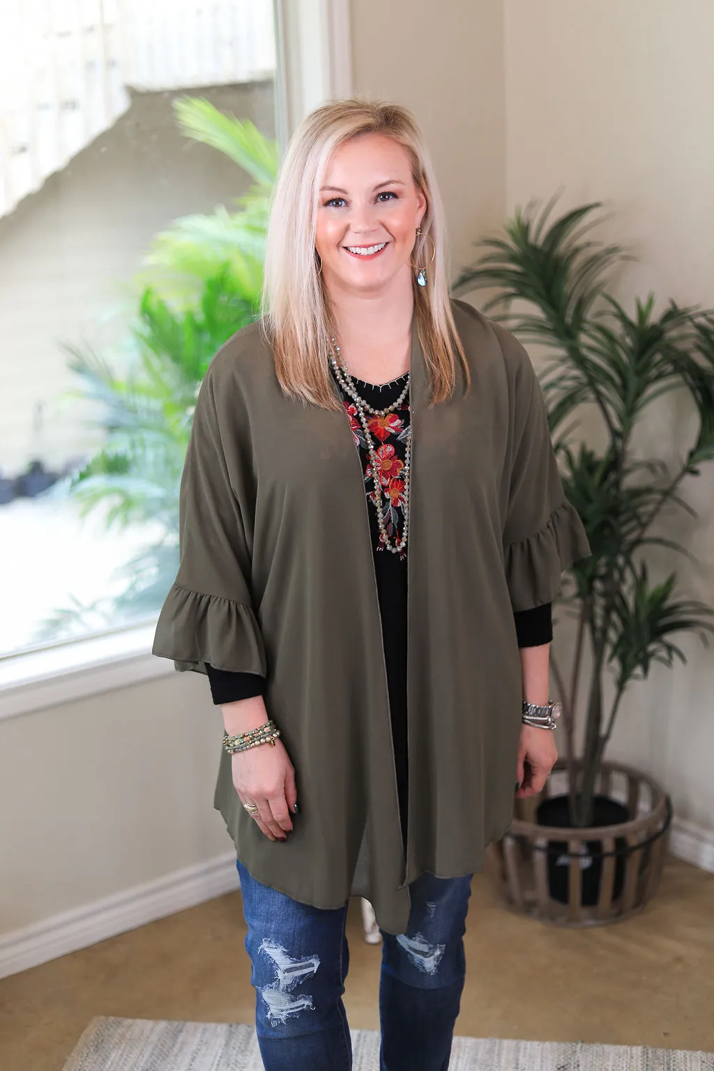Tell Me About It Sheer Kimono with Ruffle Sleeves in Olive Green