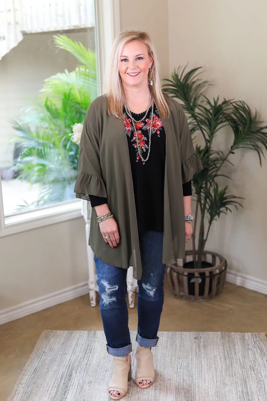 Tell Me About It Sheer Kimono with Ruffle Sleeves in Olive Green