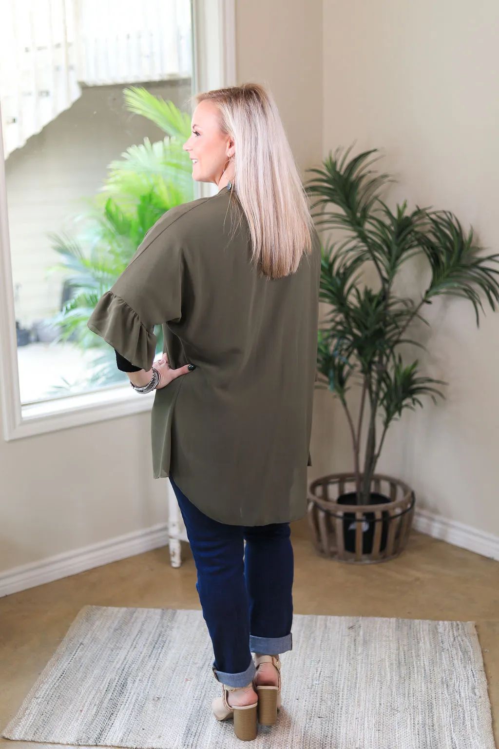 Tell Me About It Sheer Kimono with Ruffle Sleeves in Olive Green