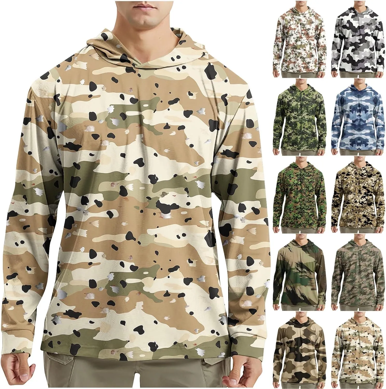 UPF 50  Sun Protection Rash Guard Mens Long Sleeve Camo Fishing Cooling Hoodie Summer Outdoor Swimming Hiking Shirts