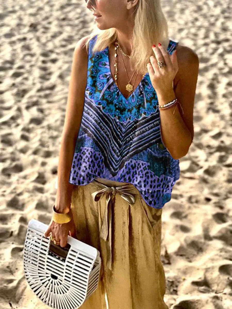 Vintage Bohemian Loose V Neck Leopard Print Top