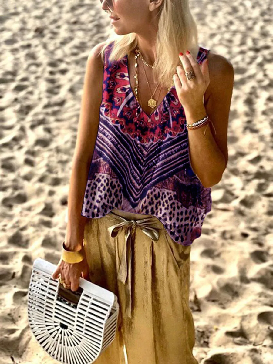 Vintage Bohemian Loose V Neck Leopard Print Top