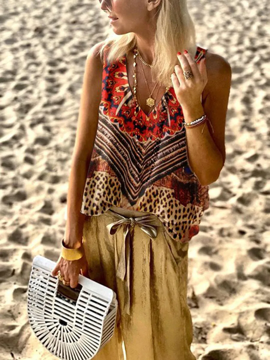 Vintage Bohemian Loose V Neck Leopard Print Top