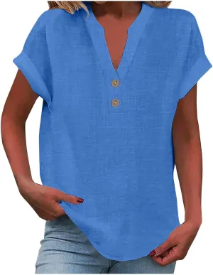 Women Linen Shirts V Neck Button Blouses Bohemian 2024 Summer Tops Short Sleeve Loose Fit T-Shirts