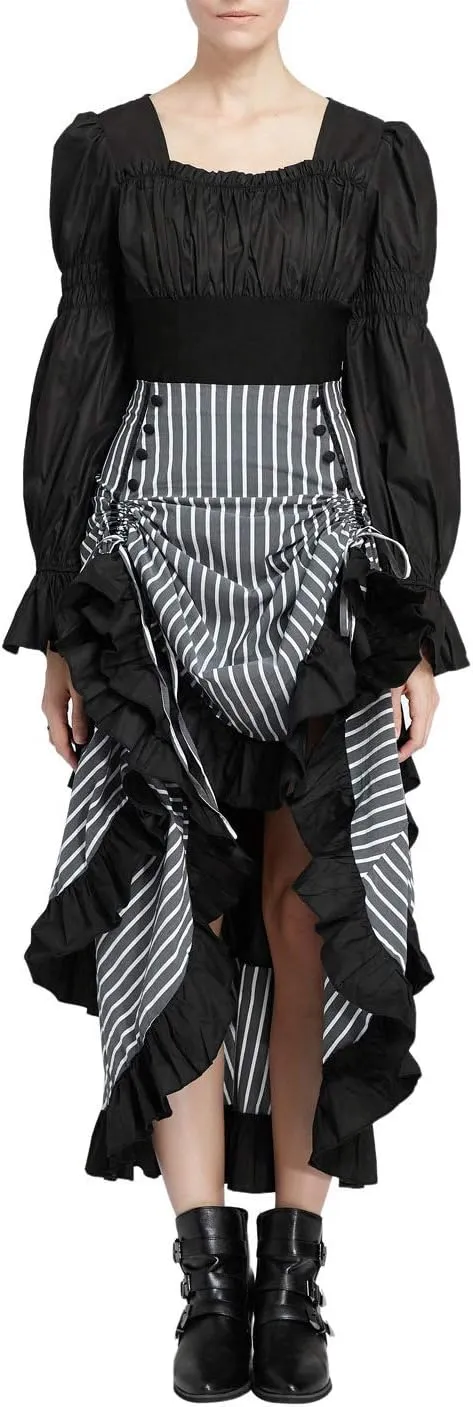 Women Peasant Blouse Long Puff Sleeve Ruffle Ruched Pirate Renaissance Corset Tops