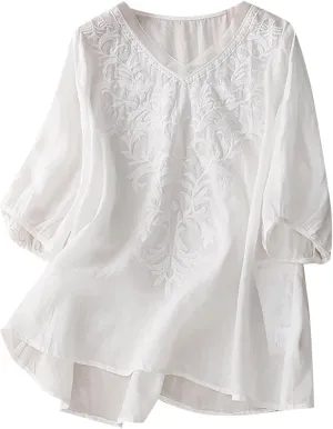 Women Short Sleeve Linen Shirts Casual V-Neck 2025 Fashion T Shirt Bohemian Loose Summer Tshirt