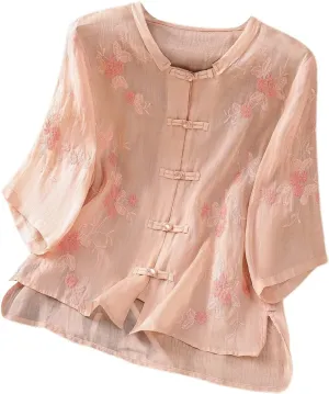 Women Short Sleeve Linen Shirts Casual V-Neck 2025 Fashion T Shirt Bohemian Loose Summer Tshirt