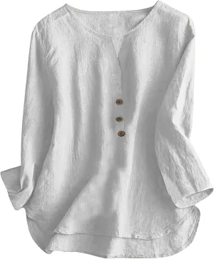 Women Short Sleeve Linen Shirts Casual V-Neck 2025 Fashion T Shirt Bohemian Loose Summer Tshirt