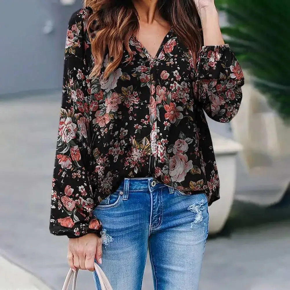 Women Spring Floral V Neck Long Sleeve Loose Soft Bohemian Blouse
