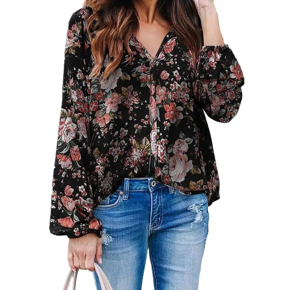 Women Spring Floral V Neck Long Sleeve Loose Soft Bohemian Blouse